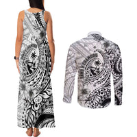 Guam-Land of the Chamorro Couples Matching Tank Maxi Dress and Long Sleeve Button Shirt Polynesian Tattoo Style Hibiscus and Plumeria Art