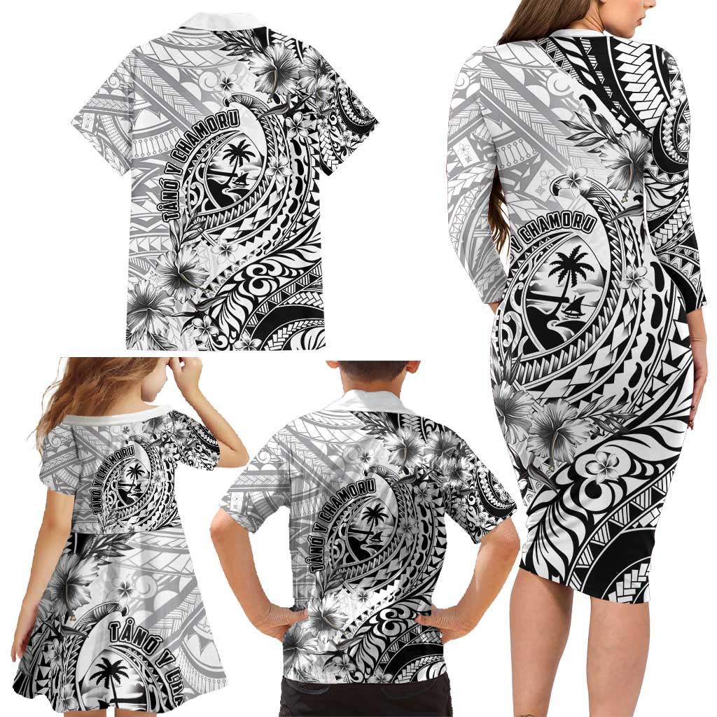 Guam-Land of the Chamorro Family Matching Long Sleeve Bodycon Dress and Hawaiian Shirt Polynesian Tattoo Style Hibiscus and Plumeria Art