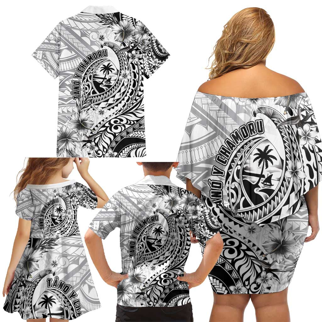 Guam-Land of the Chamorro Family Matching Off Shoulder Short Dress and Hawaiian Shirt Polynesian Tattoo Style Hibiscus and Plumeria Art