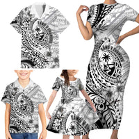 Guam-Land of the Chamorro Family Matching Short Sleeve Bodycon Dress and Hawaiian Shirt Polynesian Tattoo Style Hibiscus and Plumeria Art