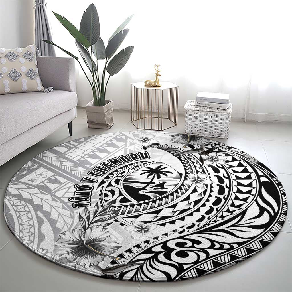 Guam-Land of the Chamorro Round Carpet Polynesian Tattoo Style Hibiscus and Plumeria Art