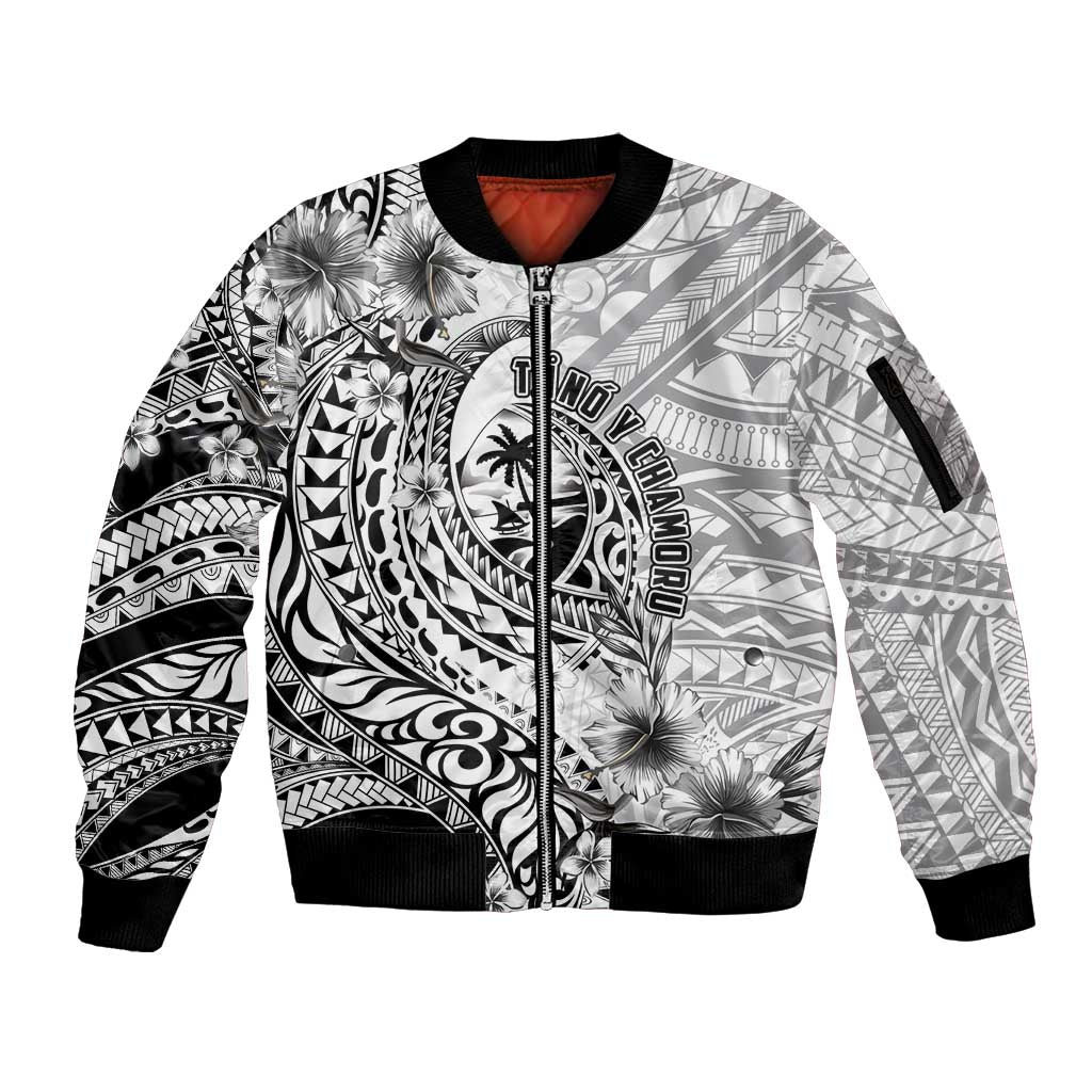 Guam-Land of the Chamorro Sleeve Zip Bomber Jacket Polynesian Tattoo Style Hibiscus and Plumeria Art LT03 Unisex Black - Polynesian Pride