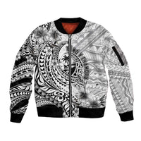 Guam-Land of the Chamorro Sleeve Zip Bomber Jacket Polynesian Tattoo Style Hibiscus and Plumeria Art LT03 Unisex Black - Polynesian Pride