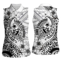 Guam-Land of the Chamorro Women Sleeveless Polo Shirt Polynesian Tattoo Style Hibiscus and Plumeria Art