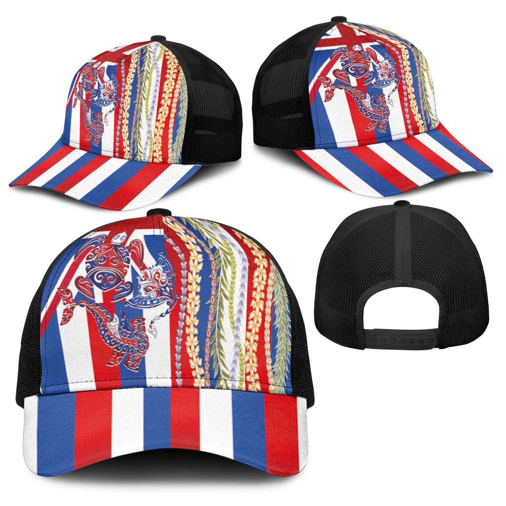 Hawaiian Sea Animals Baseball Net Cap with Lei and Flag Style