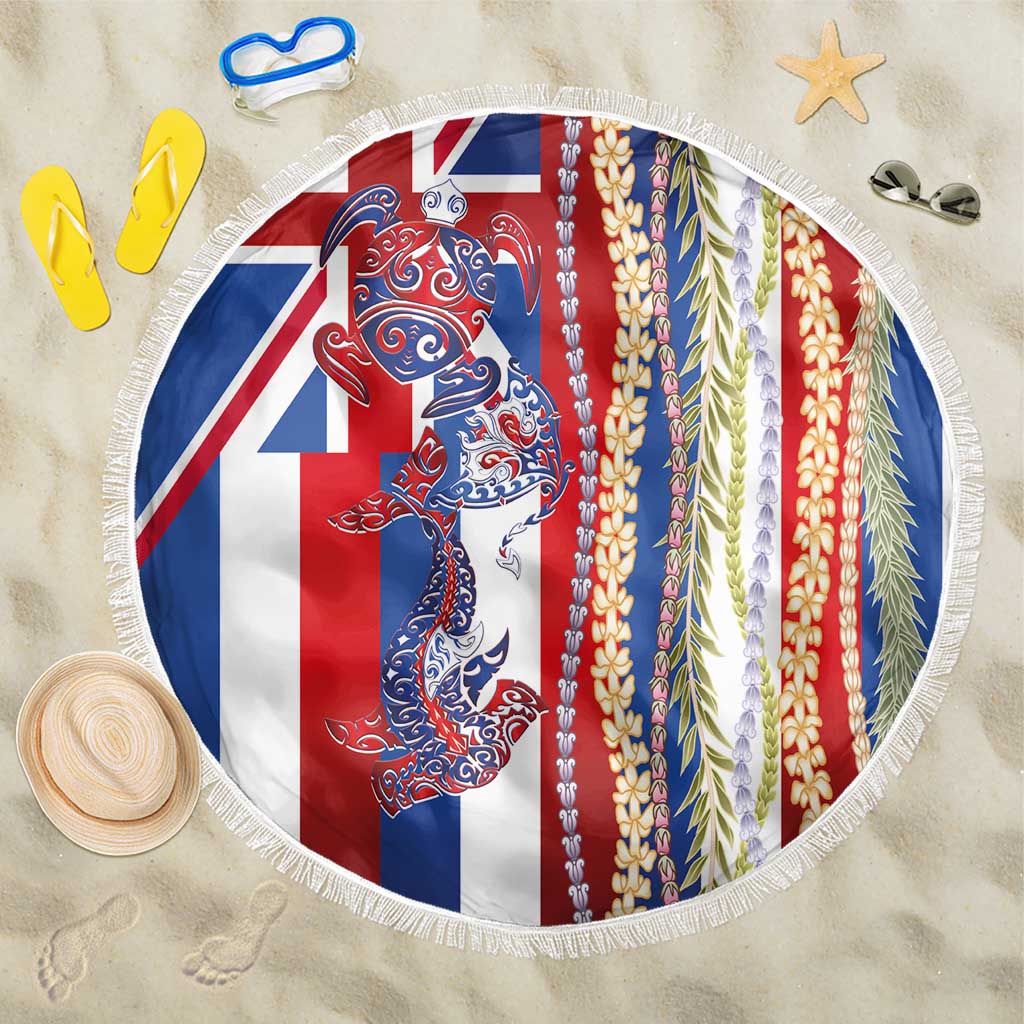 Hawaiian Sea Animals Beach Blanket with Lei and Flag Style