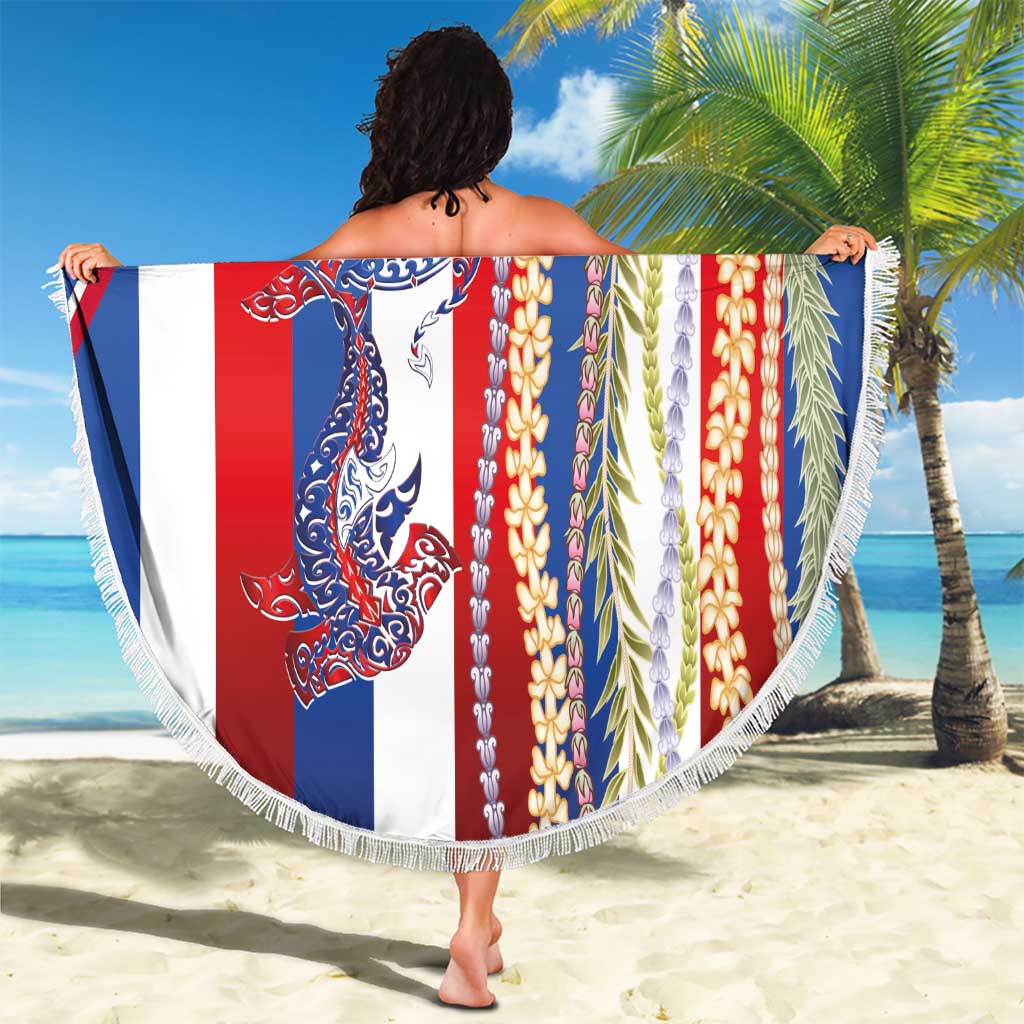 Hawaiian Sea Animals Beach Blanket with Lei and Flag Style