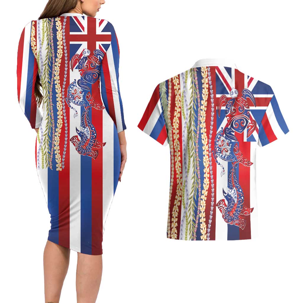 Hawaiian Sea Animals Couples Matching Long Sleeve Bodycon Dress and Hawaiian Shirt with Lei and Flag Style