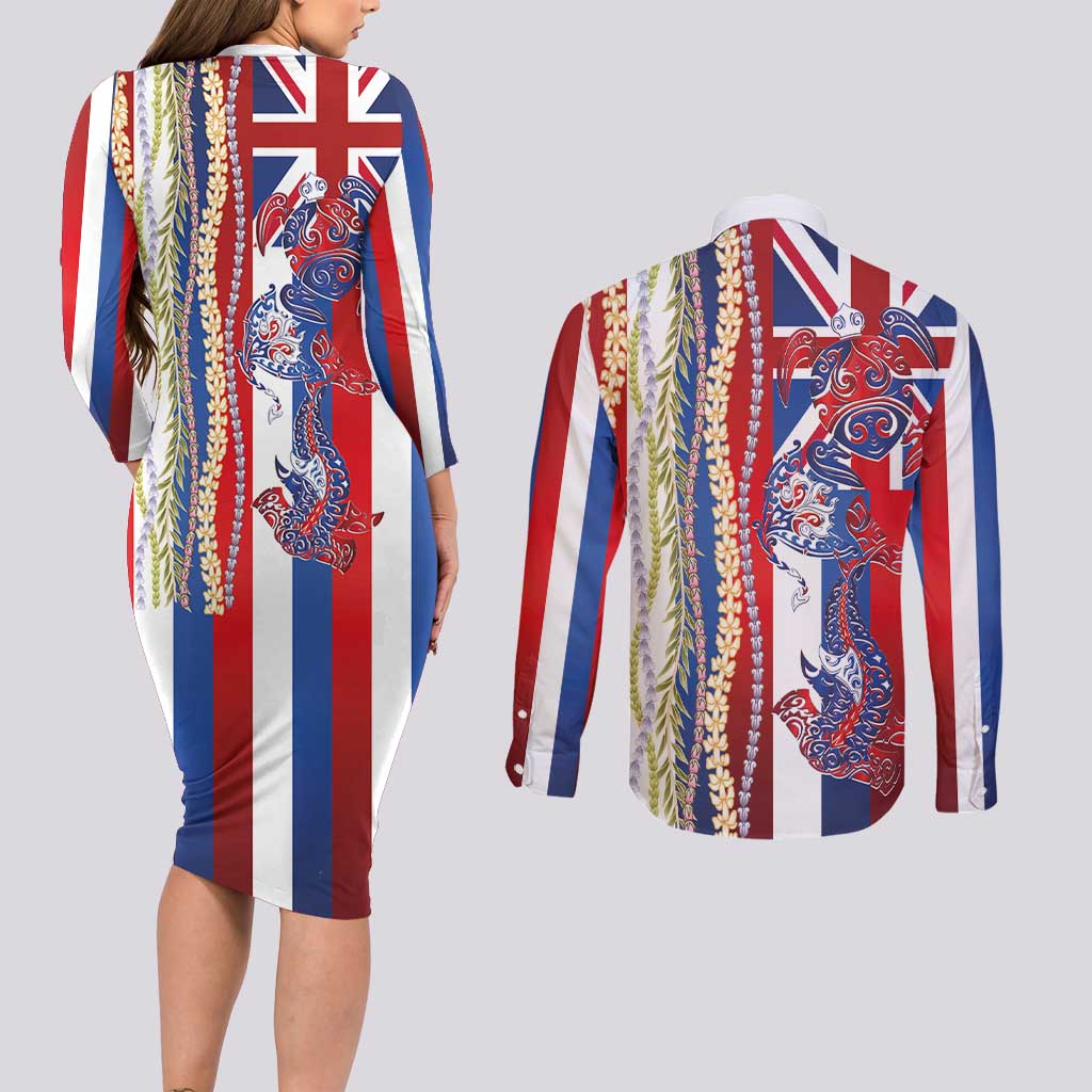 Hawaiian Sea Animals Couples Matching Long Sleeve Bodycon Dress and Long Sleeve Button Shirt with Lei and Flag Style LT03 - Polynesian Pride