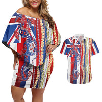 Hawaiian Sea Animals Couples Matching Off Shoulder Short Dress and Hawaiian Shirt with Lei and Flag Style LT03 Multicolor - Polynesian Pride