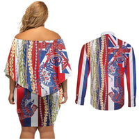 Hawaiian Sea Animals Couples Matching Off Shoulder Short Dress and Long Sleeve Button Shirt with Lei and Flag Style