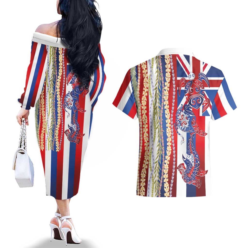 Hawaiian Sea Animals Couples Matching Off The Shoulder Long Sleeve Dress and Hawaiian Shirt with Lei and Flag Style