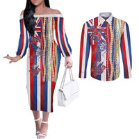 Hawaiian Sea Animals Couples Matching Off The Shoulder Long Sleeve Dress and Long Sleeve Button Shirt with Lei and Flag Style LT03 Multicolor - Polynesian Pride