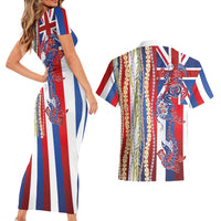 Hawaiian Sea Animals Couples Matching Short Sleeve Bodycon Dress and Hawaiian Shirt with Lei and Flag Style
