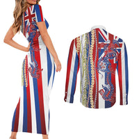 Hawaiian Sea Animals Couples Matching Short Sleeve Bodycon Dress and Long Sleeve Button Shirt with Lei and Flag Style LT03 - Polynesian Pride