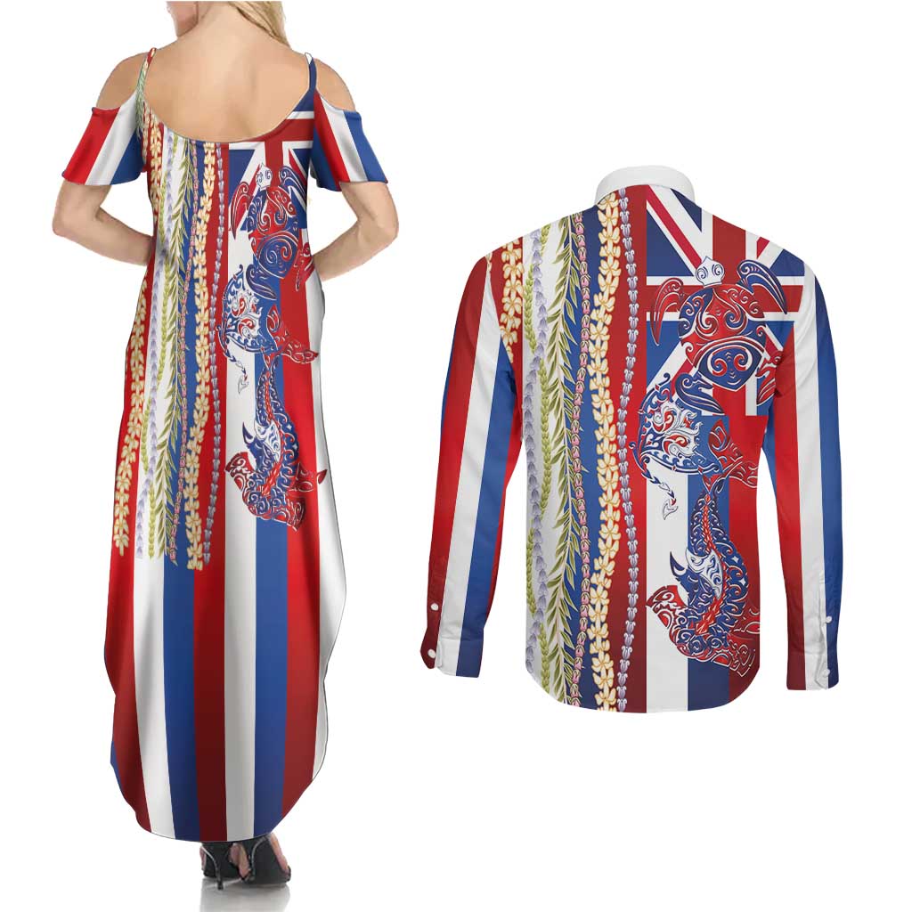 Hawaiian Sea Animals Couples Matching Summer Maxi Dress and Long Sleeve Button Shirt with Lei and Flag Style LT03 - Polynesian Pride