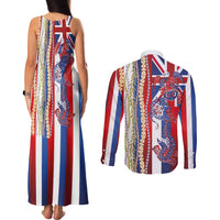 Hawaiian Sea Animals Couples Matching Tank Maxi Dress and Long Sleeve Button Shirt with Lei and Flag Style LT03 - Polynesian Pride