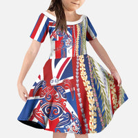 Hawaiian Sea Animals Family Matching Long Sleeve Bodycon Dress and Hawaiian Shirt with Lei and Flag Style LT03 Daughter's Dress Multicolor - Polynesian Pride