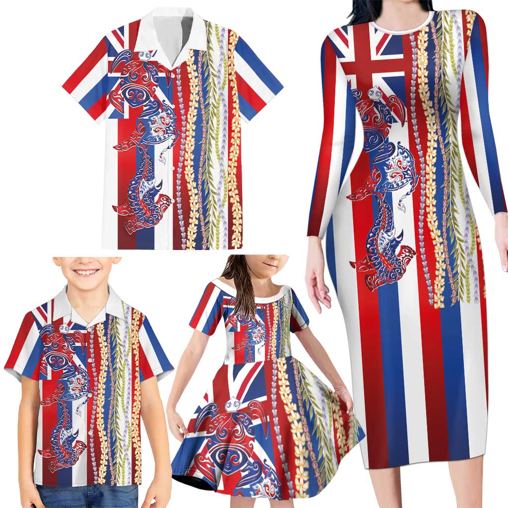 Hawaiian Sea Animals Family Matching Long Sleeve Bodycon Dress and Hawaiian Shirt with Lei and Flag Style LT03 - Polynesian Pride