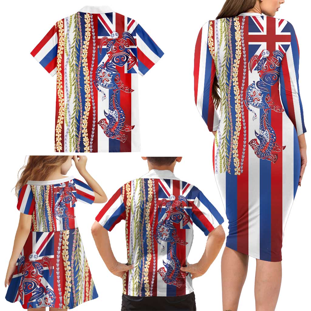 Hawaiian Sea Animals Family Matching Long Sleeve Bodycon Dress and Hawaiian Shirt with Lei and Flag Style LT03 - Polynesian Pride