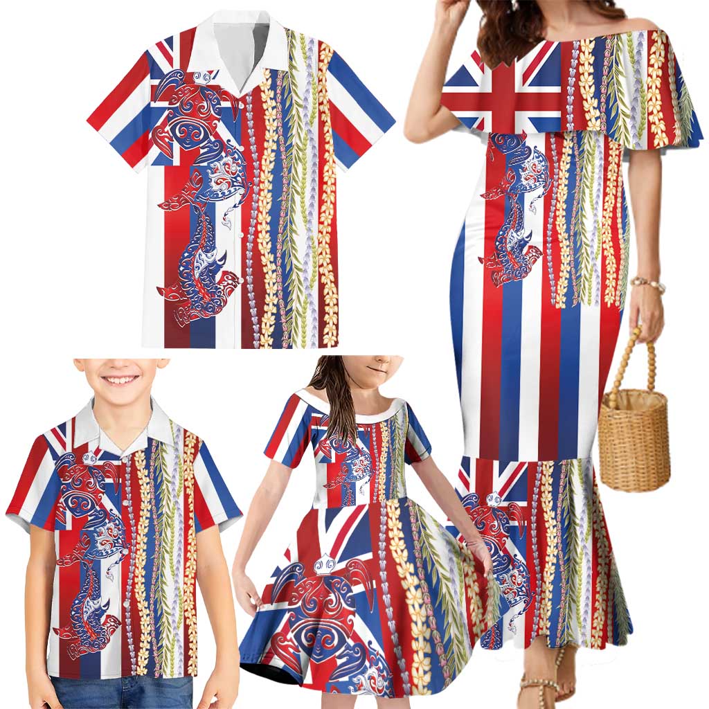 Hawaiian Sea Animals Family Matching Mermaid Dress and Hawaiian Shirt with Lei and Flag Style