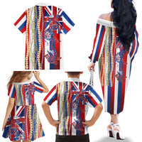Hawaiian Sea Animals Family Matching Off The Shoulder Long Sleeve Dress and Hawaiian Shirt with Lei and Flag Style LT03 - Polynesian Pride