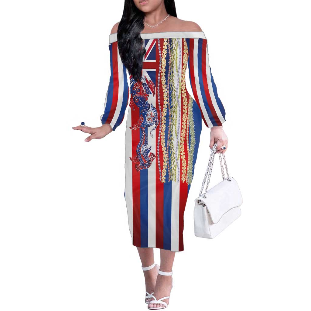 Hawaiian Sea Animals Family Matching Off The Shoulder Long Sleeve Dress and Hawaiian Shirt with Lei and Flag Style LT03 Mom's Dress Multicolor - Polynesian Pride