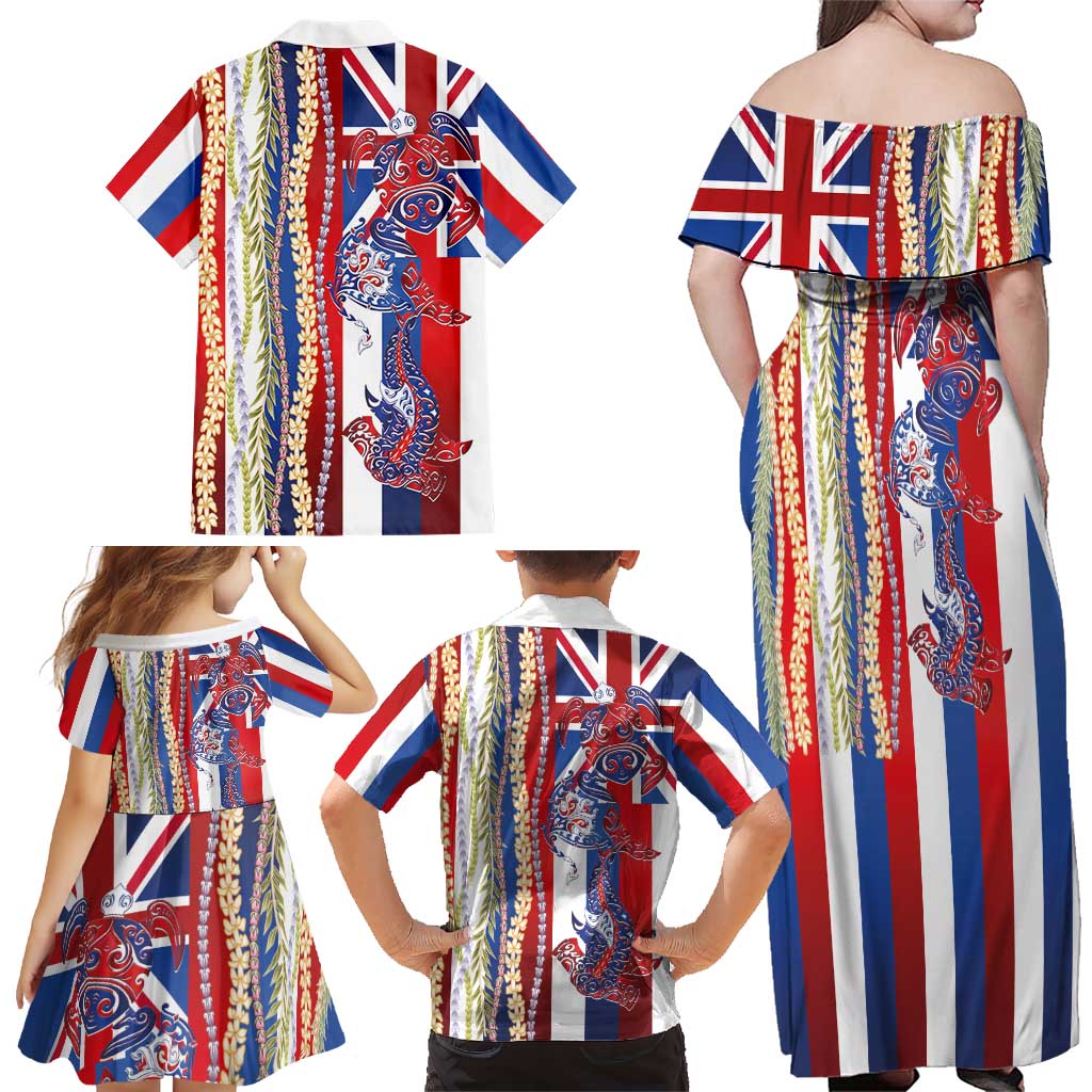 Hawaiian Sea Animals Family Matching Off Shoulder Maxi Dress and Hawaiian Shirt with Lei and Flag Style