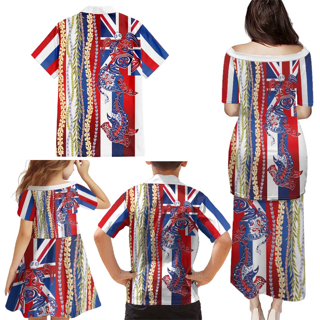Hawaiian Sea Animals Family Matching Puletasi and Hawaiian Shirt with Lei and Flag Style