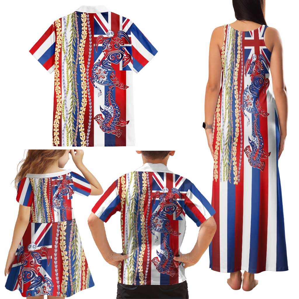Hawaiian Sea Animals Family Matching Tank Maxi Dress and Hawaiian Shirt with Lei and Flag Style LT03 - Polynesian Pride