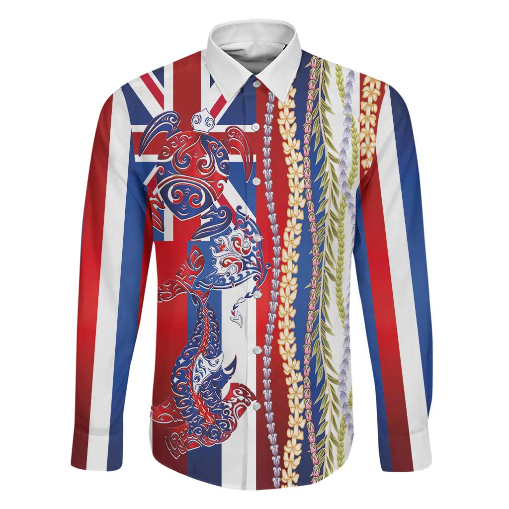 Hawaiian Sea Animals Family Matching Tank Maxi Dress and Hawaiian Shirt with Lei and Flag Style LT03 Dad's Shirt - Long Sleeve Multicolor - Polynesian Pride