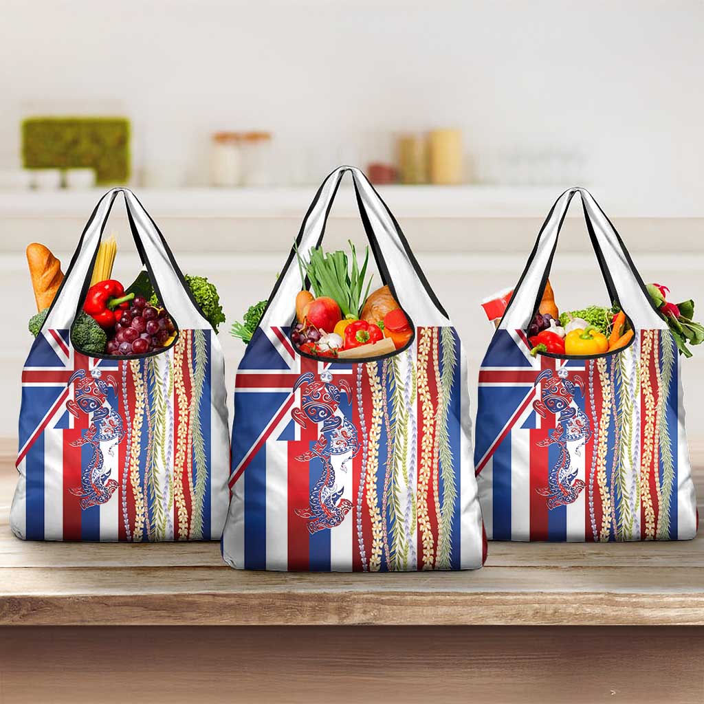 Hawaiian Sea Animals Grocery Bag with Lei and Flag Style