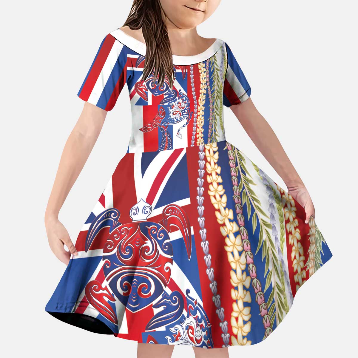 Hawaiian Sea Animals Kid Short Sleeve Dress with Lei and Flag Style