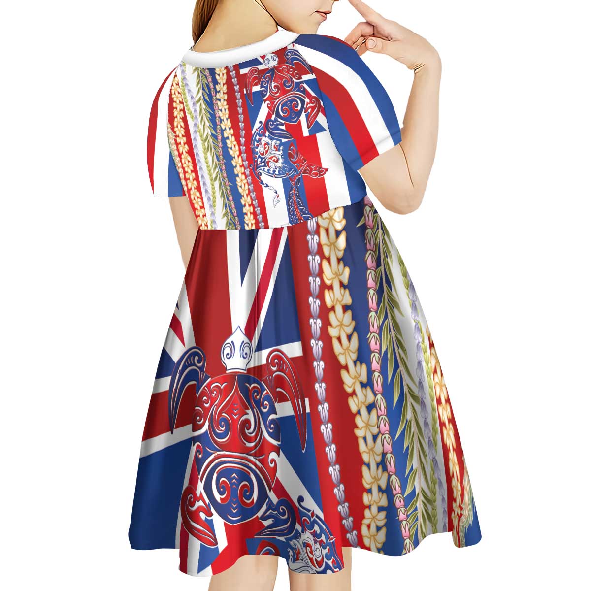 Hawaiian Sea Animals Kid Short Sleeve Dress with Lei and Flag Style