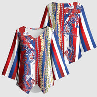 Hawaiian Sea Animals Kimono Sleeve Blouse with Lei and Flag Style