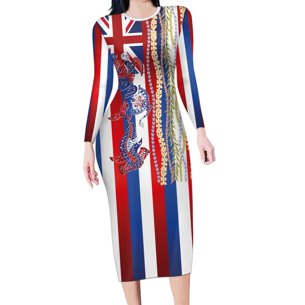 Hawaiian Sea Animals Long Sleeve Bodycon Dress with Lei and Flag Style