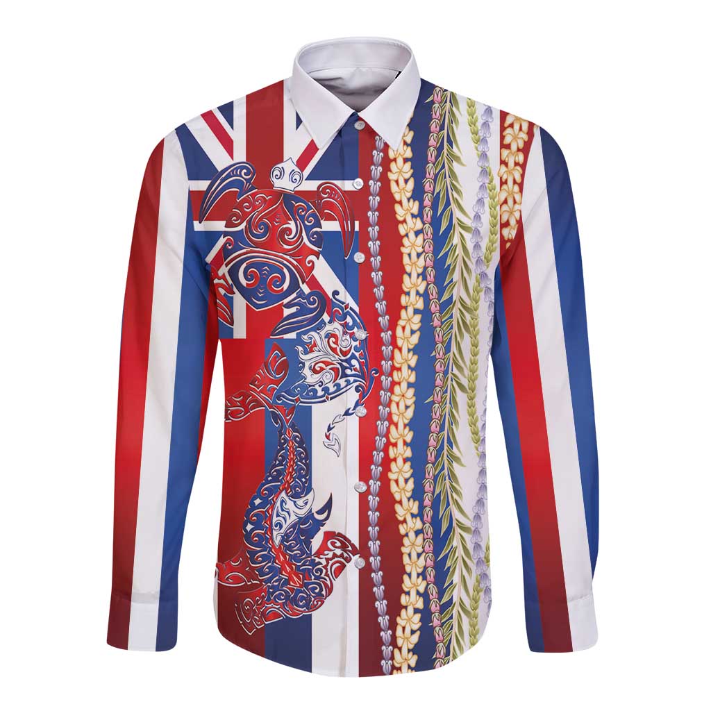 Hawaiian Sea Animals Long Sleeve Button Shirt with Lei and Flag Style