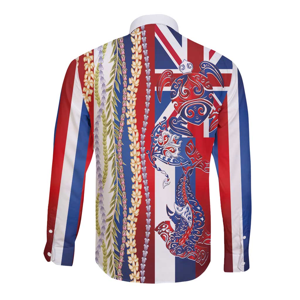 Hawaiian Sea Animals Long Sleeve Button Shirt with Lei and Flag Style