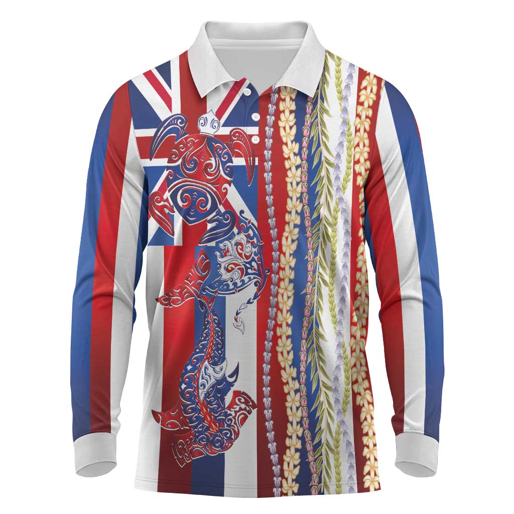 Hawaiian Sea Animals Long Sleeve Polo Shirt with Lei and Flag Style