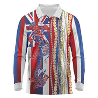 Hawaiian Sea Animals Long Sleeve Polo Shirt with Lei and Flag Style