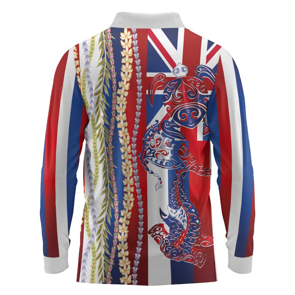 Hawaiian Sea Animals Long Sleeve Polo Shirt with Lei and Flag Style