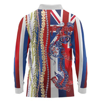 Hawaiian Sea Animals Long Sleeve Polo Shirt with Lei and Flag Style