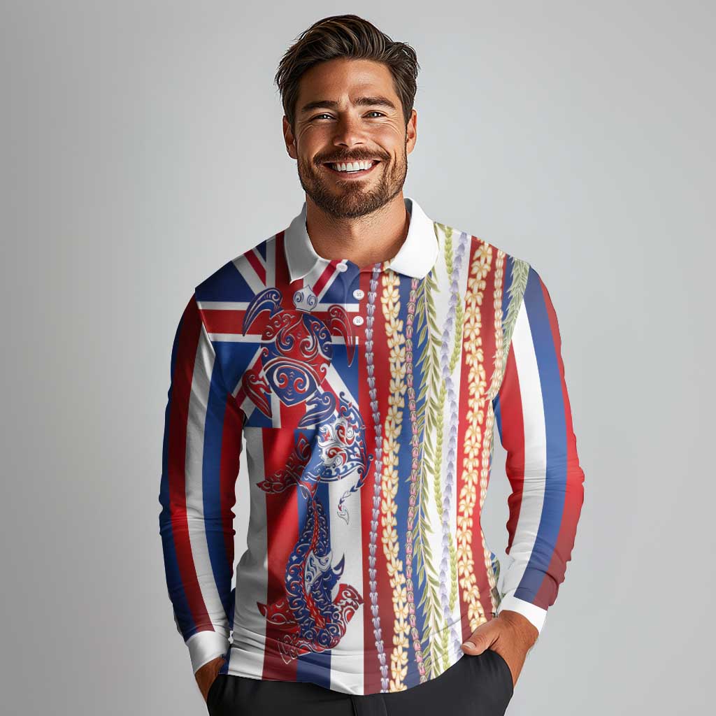 Hawaiian Sea Animals Long Sleeve Polo Shirt with Lei and Flag Style