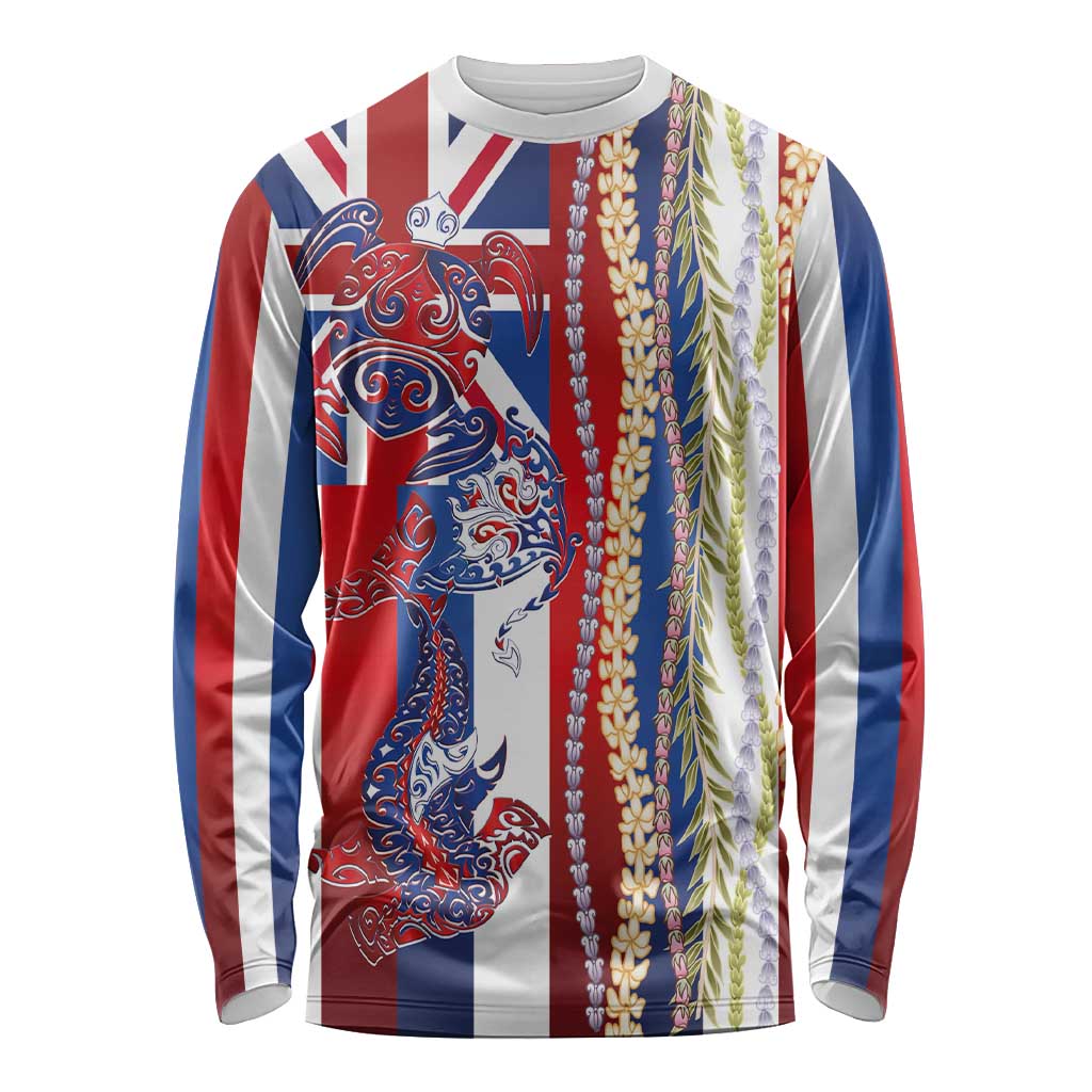 Hawaiian Sea Animals Long Sleeve Shirt with Lei and Flag Style LT03 Unisex Multicolor - Polynesian Pride