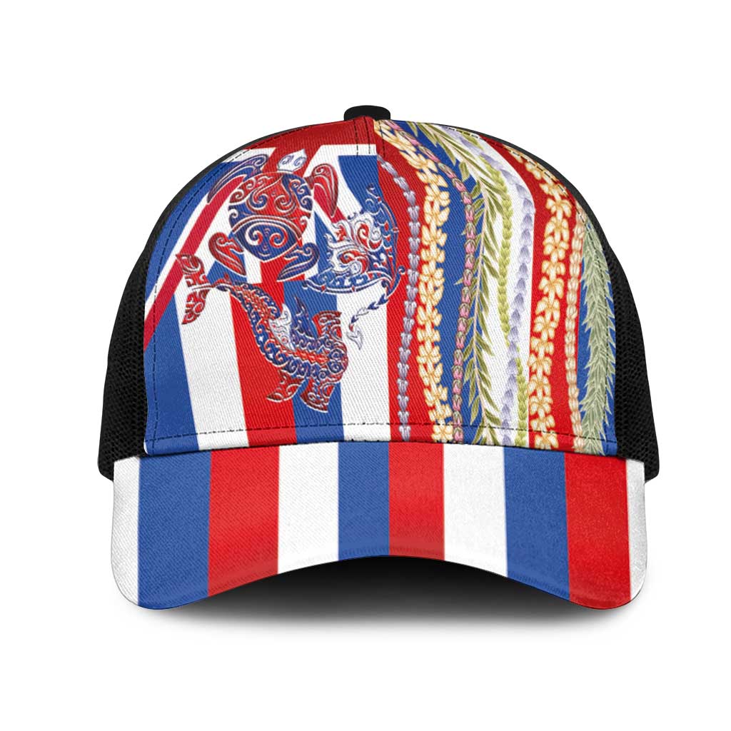 Hawaiian Sea Animals Mesh Trucker Cap with Lei and Flag Style
