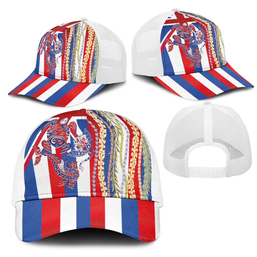 Hawaiian Sea Animals Mesh Trucker Cap with Lei and Flag Style