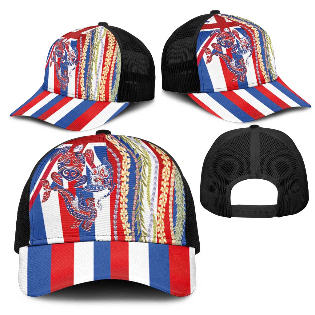 Hawaiian Sea Animals Mesh Trucker Cap with Lei and Flag Style