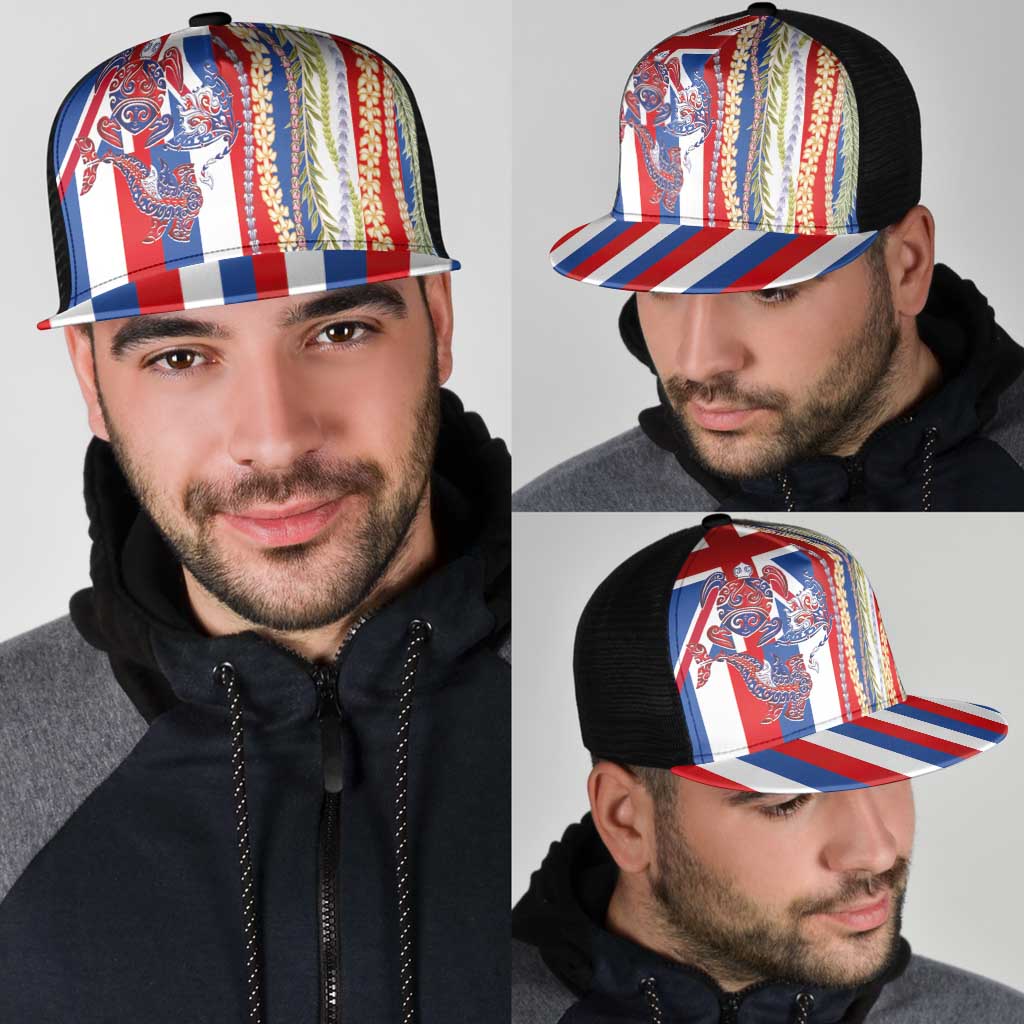 Hawaiian Sea Animals Mesh Trucker Cap with Lei and Flag Style