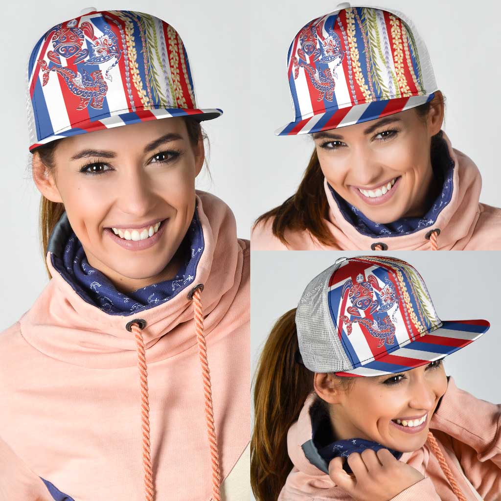 Hawaiian Sea Animals Mesh Trucker Cap with Lei and Flag Style