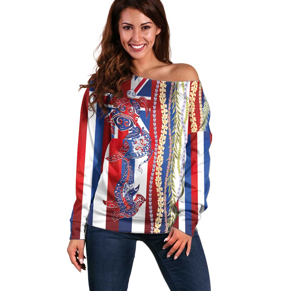 Hawaiian Sea Animals Off Shoulder Sweater with Lei and Flag Style